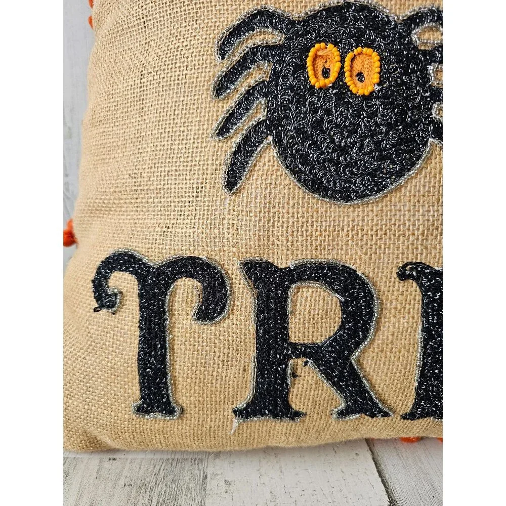Trick or treat‎ Halloween beaded pillow burlap orange unique shabby chic spider